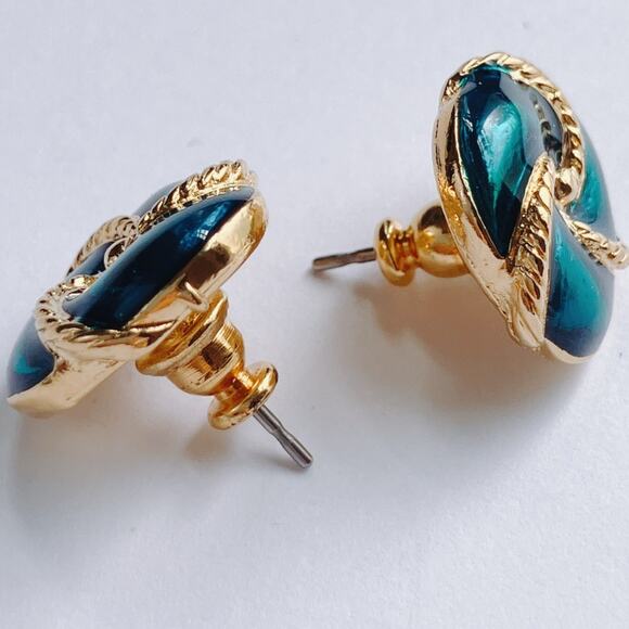 Vintage Signed Earrings Trifari Peacock Blue Enamel Gold Tone Knot Stud Posts - Picture 5 of 10
